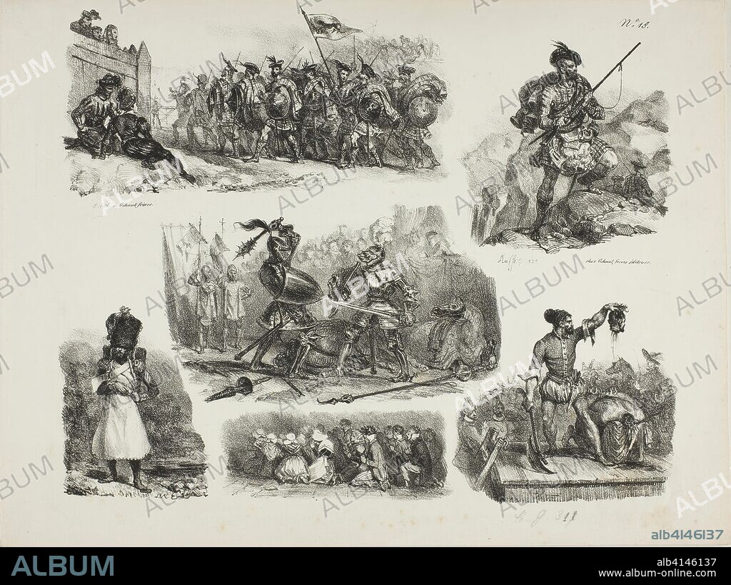 Sheet of Sketches. Denis Auguste Marie Raffet (French, 1804-1860); printed by Chez Gihaut Frères (French, 19th century). Date: 1829. Dimensions: 241 × 297 mm (image); 263 × 349 mm (sheet). Lithograph in black on ivory wove paper. Origin: France.