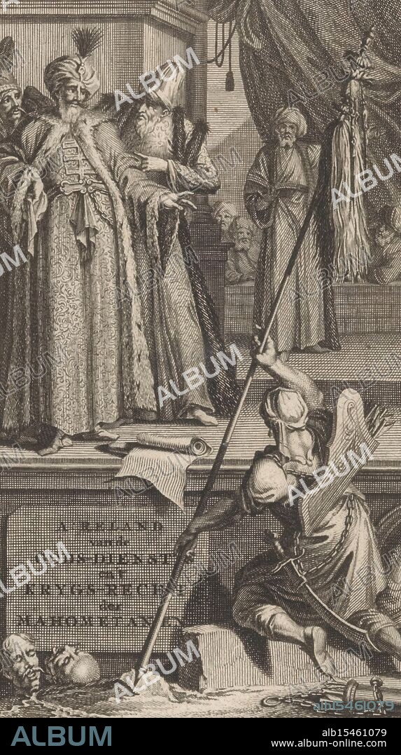 Utrecht, Broedelet, Willem, Goeree, Jan, Bernards, Balthasar, Title page for: Adriaan Reland, Treatise on the religion of the Mahometans, as well as on military law, 1718, On the religion and military law of the Mahometans, Islamic men, verso - stamped, Three men, one of whom is wearing a turban, are standing on a podium. In front of the podium sits a kneeling man with a turban, quiver and staff, seen from the back. On the left are two heads., print, title page, prints, height 145 mm, width 86 mm, Northern Netherlands, print maker, printmaker, 1718 - 1718, paper, engraving, engraving (printing process), etching, 1670-10-20 - 1731-01-04, intermediary draughtsman, after a drawing by, Publication (Event), Publication, publisher.