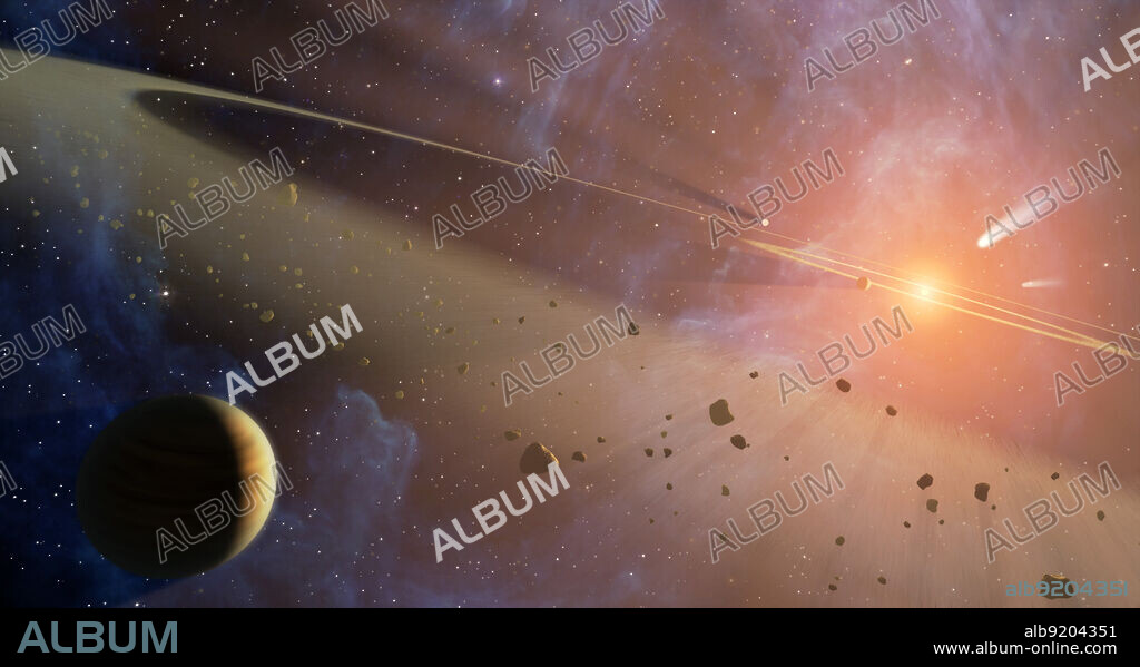 This artist's conception shows the closest known planetary system to our own, called Epsilon Eridani. Observations from NASA's Spitzer Space Telescope show that the system hosts two asteroid belts, in addition to previously identified candidate planets and an outer comet ring. Epsilon Eridani is located about 10 light-years away in the constellation Eridanus. It is visible in the night skies with the naked eye. The system's inner asteroid belt appears as the yellowish ring around the star, while the outer asteroid belt is in the foreground. The outermost comet ring is too far out to be seen in this view, but comets originating from it are shown in the upper right corner. Astronomers think that each of Epsilon Eridani's asteroid belts could have a planet orbiting just outside it, shepherding its rocky debris into a ring in the same way that Jupiter helps keep our asteroid belt confined. The planet near the inner belt was previously identified in 2000 via the radial velocity, or "star wobble," technique, while the planet near the outer belt was inferred when Spitzer discovered the belt. The inner belt orbits at a distance of about 3 astronomical units from its star, or about the same position as the asteroid belt in our own solar system (an astronomical unit is the distance between Earth and our sun). The second asteroid belt lies at about 20 astronomical units from the star, or a position comparable to Uranus in our solar system. The outer comet ring orbits from 35 to 90 astronomical units from the star; our solar system's analogous Kuiper Belt extends from about 30 to 50 astronomical units from the sun.