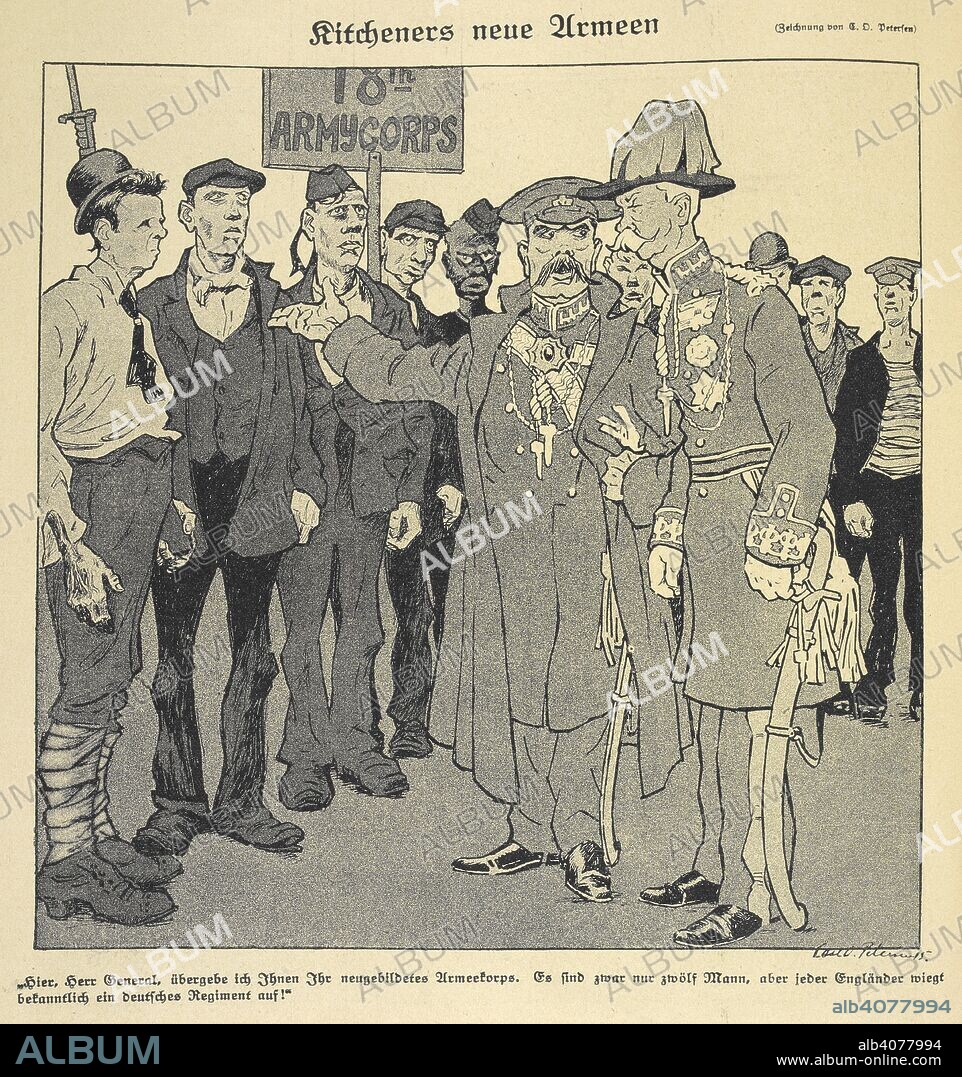 CARL OLOF PETERSEN. Kitcheners neue Armeen: 'Kitchener's new armies.' Horatio Herbert Kitchener 1st Earl Kitchener of Khartoum and Broome, inspecting new recruits. . Kriegs FlugblÃ¤tter des Simplicissimus. Munich, 1914. Source: Simplicissimus 19/01/1915 page 556 vol.19, issue 42.
