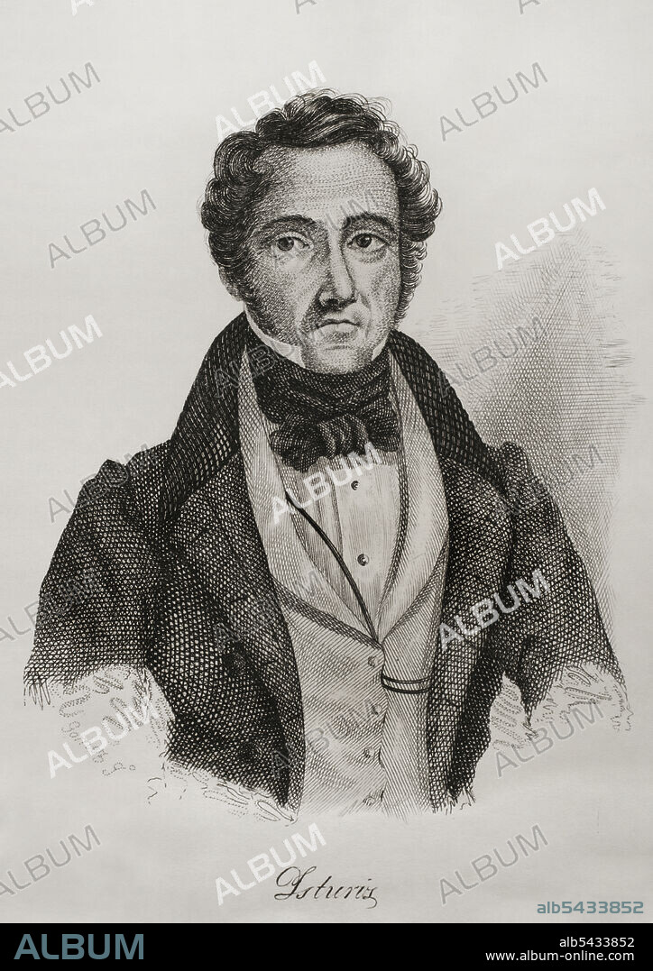 JOSé GóMEZ. 19TH CENTURY-SPANISH ENGRAVER.. Francisco Javier de Istúriz Montero (1790-1871). Spanish politician and diplomat. He took part in the Peninsular War. Conspired for liberalism during the Absolutist Sexennium period and had to take refuge in Gibraltar. One of the main inspirers of the pronouncement of Cabezas de San Juan that led to the Liberal Triennium (1820-1823). Elected deputy in the first Courts of the Triennium following the elections of March 1820. President of the Council of Ministers for four months in 1836. Portrait. Engraving by José Gómez. Panorama Español, Crónica Contemporánea. Volume III. Madrid, 1845.