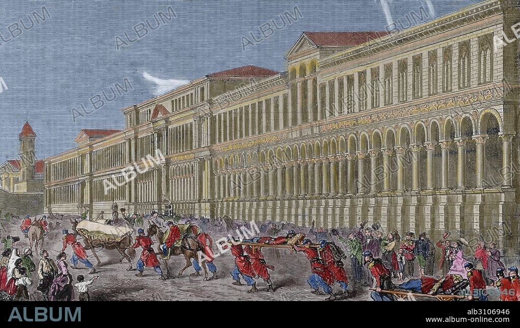Italy. Milan Hospital. Convoy of wounded from battle of Magenta. 4 June, 1859. Second Italian War of Independence. Colored engraving.