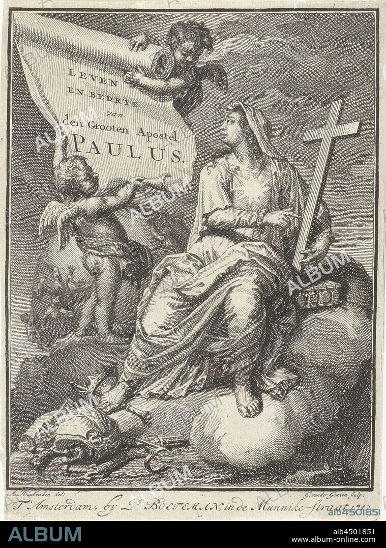 Two putti tones Believe a banderole Title page for Jan van Hoogstraten, The cross hero, or The life of the great apostle Paul, 1712 Life and deception of the great Apostle Paul (title on object), Two putti show a banderole to the seated personification of the faith. In the background a globe. In the hands of Faith a cross. At her feet earthly resources, Faith, 'Fides', 'Fede', 'Fede catholica', 'Fede christiana', 'Fede christiana catholica' (Ripa), one of the Three Theological Virtues, globe, cupids: 'amores', 'amoretti', 'putti', Gilliam van der Gouwen (mentioned on object), Amsterdam, 1712, paper, engraving, h 176 mm × w 129 mm.