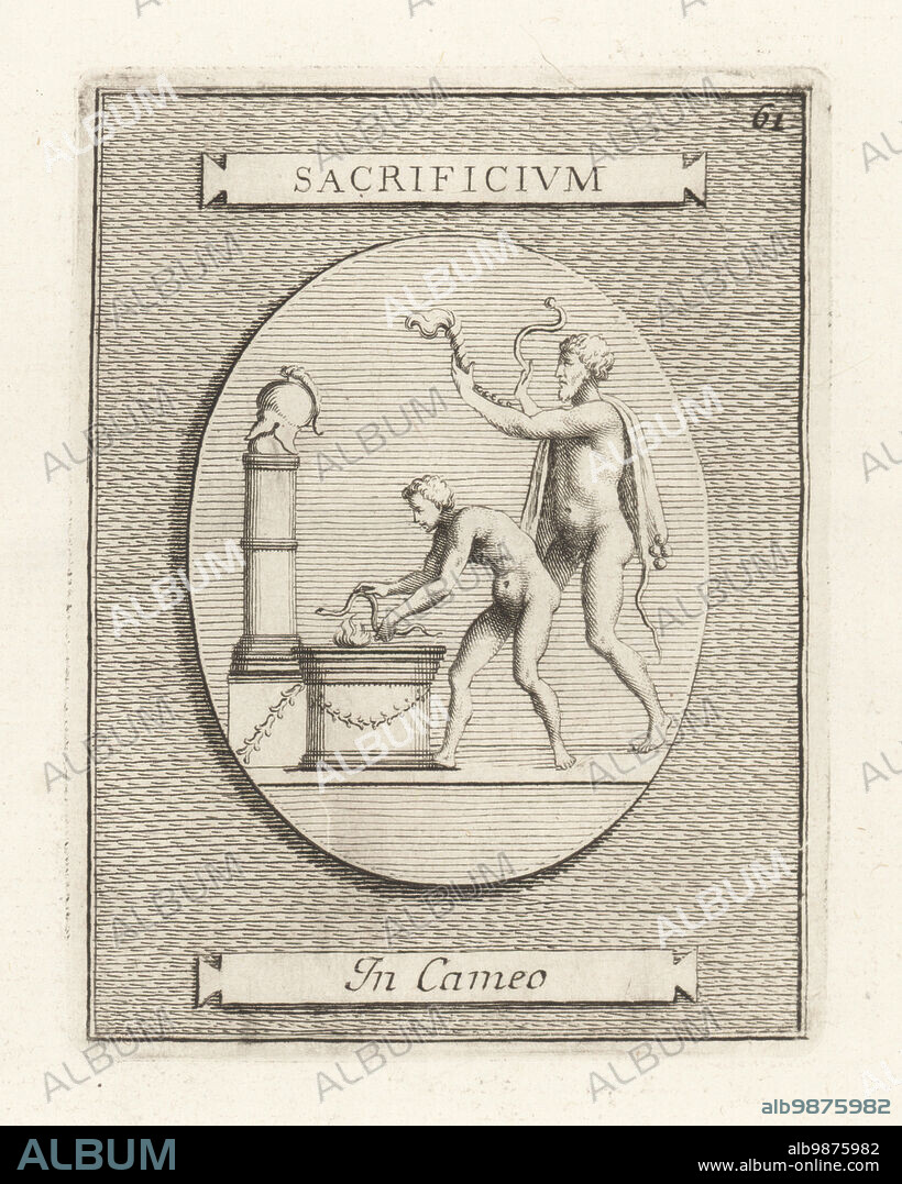 Two naked priests making a sacrifice to Mars, the Roman god of war. Emperor Marcus Aurelius Antoninus in a lionskin holds a torch, his son Commodus passes a snake through flames at the altar with Corinthian helmet. From a cameo gem. Sacrificium in Cameo. Copperplate engraving from Francesco Valesio, Antonio Gori and Ridolfino Venutis Academia Etrusca, Museum Cortonense in quo Vetera Monumenta, (Etruscan Academy or Museum of Cortona), Faustus Amideus, Rome, 1750.
