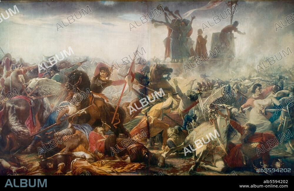 5th Italian campaign of Emperor Frederick Barbarossa. "The Battle of Legnano". (29 May 1176; the Lombardian league of towns defeats Frederick). Painting, 1860, by Amos Cassioli (1832-1891). Florence, Palazzo Pitti, Galleria d'Arte Moderna.