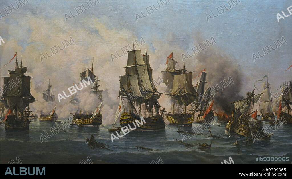 ANTóNIO JOSé RAMOS RIBEIRO. SIGLO XX.. Batalla de Matapán (19 de julio de 1717). Enfrentamiento entre la armada cristiana y los turcos. Oleo sobre lienzo. Copia de António José Ramos Ribeiro (1956) de un original de Joao Dantas en 1892. Museo de Marina. Lisboa. Portugal.