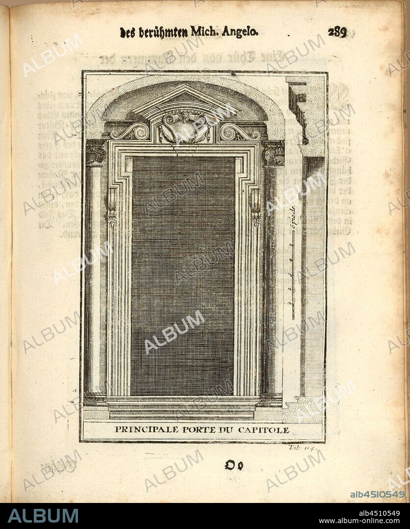 Main gate of the Capitol, Gate of the Capitol in Rome, tab. 114, p. 289, Augustin-Charles d'Aviler, Vignola, Michelangelo, Leonhard Christoph Sturm, Hertel: Ausführliche Anleitung zu der gantzen Civil-Bau-Kunst [...]. Augspurg: bey Johann Georg Hertel, 1747.