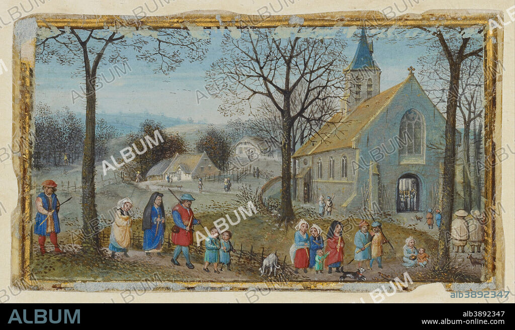 SIMON BENING. Villagers on Their Way to Church. Date/Period: Ca. 1550. Detached leaf. Tempera colors and gold paint on parchment. Height: 56 mm (2.20 in); Width: 96 mm (3.77 in).
