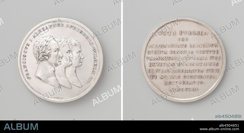 Treaty of Teplitz, in honor of Alexander I, Tsar of Russia, French I, Emperor of Austria and Frederick William III, King of Prussia, Silver Medal. Obverse: busts of three men with laurel wreaths inside an inscription. Reverse: inscription, Teplice, Alexander I (Tsar of Russia), Frederick William III King of Prussia, French II (Roman-German Emperor), Josef Nikolaus Lang, Hall in Tirol, 1813, silver (metal), striking (metalworking), d 4.6 cm × w 26.24 gr.