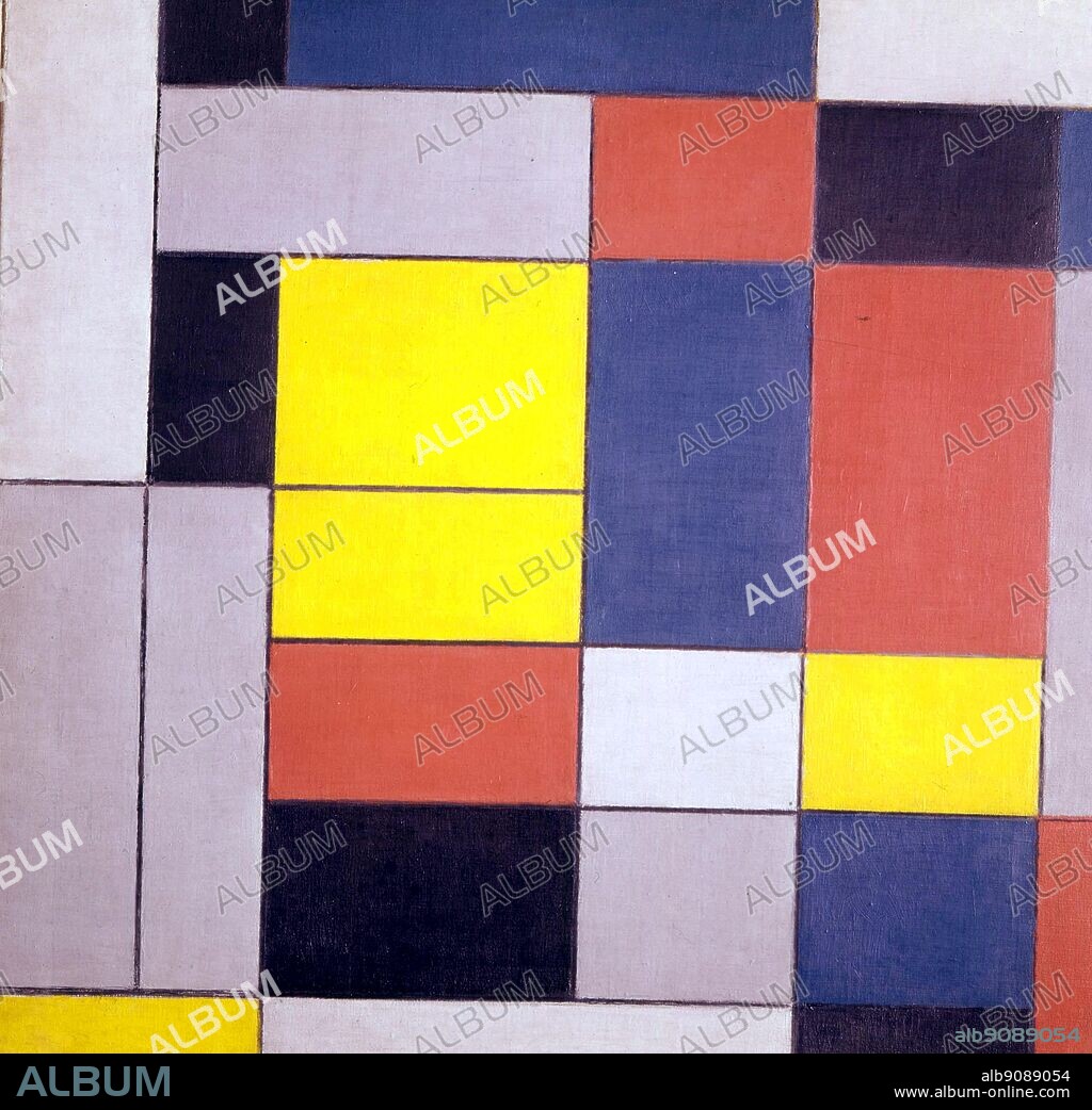 Composition in Grey Red Yellow and Blue - 1928. by Piet Mondrian. Private collection. Pieter Cornelis (Piet) Mondriaan, after 1912 Mondrian, (March 7, 1872 - February 1, 1944) was a Dutch painter and an important contributor to the De Stijl art movement, which was founded by Theo van Doesburg. Despite being well-known, often-parodied, and even trivialized, Mondrian's paintings exhibit a complexity that belie their apparent simplicity. He is best known for his non-representational paintings (which he called compositions), consisting of rectangular forms of red, yellow, blue, or black, separated by thick, black, rectilinear lines. They are the result of a stylistic evolution that occurred over the course of nearly thirty years, and which continued beyond that point to the end of his life.. ©2006 TopFoto.