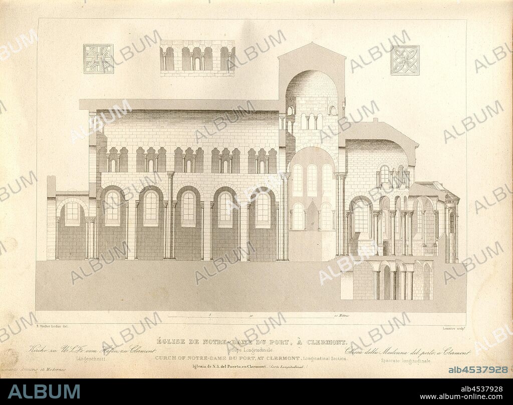 Church of Notre-Dame-du-Port, Clermont. Longitudinal section, Longitudinal section of the Notre-Dame-du-Port church in Clermont-Ferrand, signed: E. Viollet Leduc del, Lemaitre sculp, Fig. 49, p. 171, Viollet-le-Duc, Eugène-Emmanuel (del.); Lemaître, Augustin François (sc.), 1853, Jules Gailhabaud: Monuments anciens et modernes: collection formant une histoire de l'architecture des différents peuples à toutes les époques. Paris: Librairie de Firmin Didot frères, 1853.