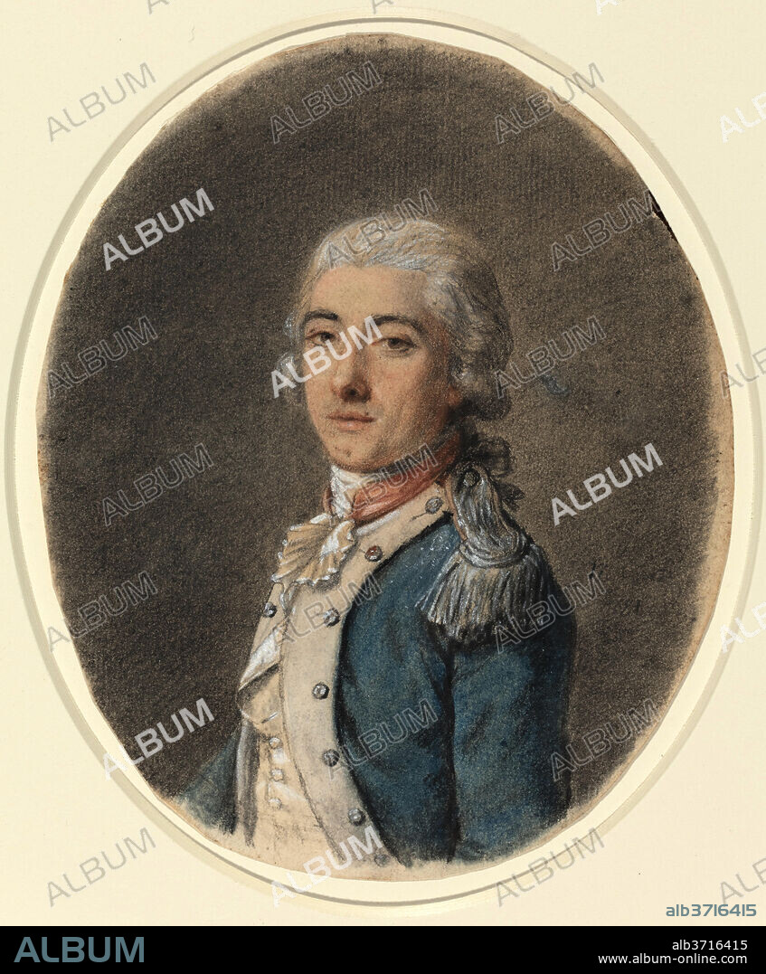 FRENCH 18TH CENTURY. Portrait of a Man in a Military Uniform. Dated: 18th century. Dimensions: overall (oval): 19.3 x 15.9 cm (7 5/8 x 6 1/4 in.). Medium: black, blue, and red chalk heightened with white  on laid paper.
