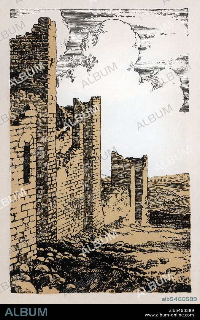Castillos de España. Huesca. Ruinas del castillo abadía de Loarre de estilo románico del siglo XI. Grabado de 1924.