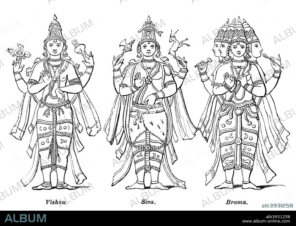 Vishnu, Shiva, and Brahma, 1847. Hindu deities. Illustration from The History of China and India, by Miss Corner, (Dean and Co, London, 1847).