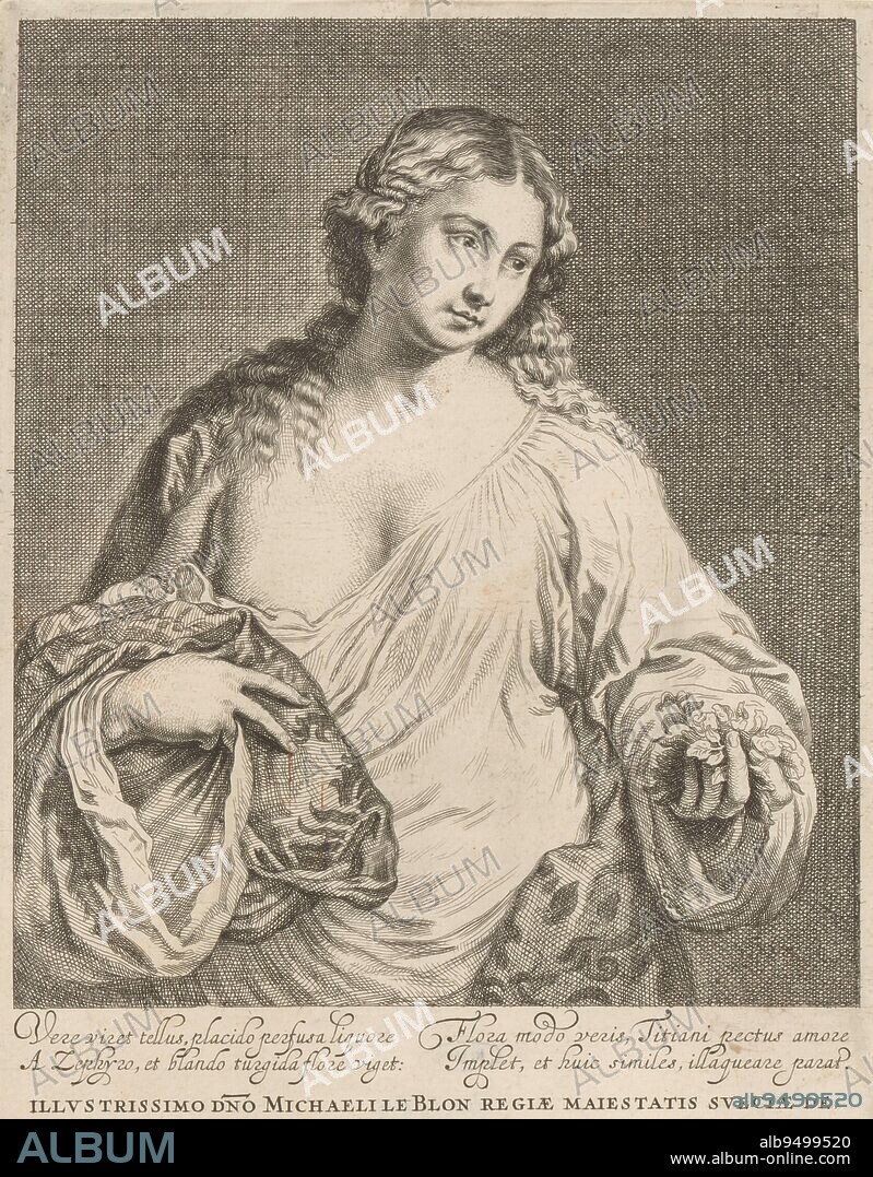 Flora, print maker: Joachim von Sandrart (I), (mentioned on object), Titiaan, (mentioned on object), publisher: Joachim von Sandrart (I), (mentioned on object), 1616 - 1688, paper, etching, letterpress printing, w 260 mm × h 196 mm.