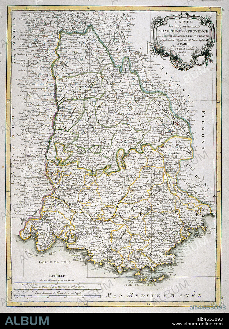 Carte des gouvernements de Dauphine et de Provence, ainsi que du comtat Venaissin et de la principaute d'Orange. Gravure de BONNE realisee en 1781. Credit : Collection MX/KHARBINE-TAPABOR.
