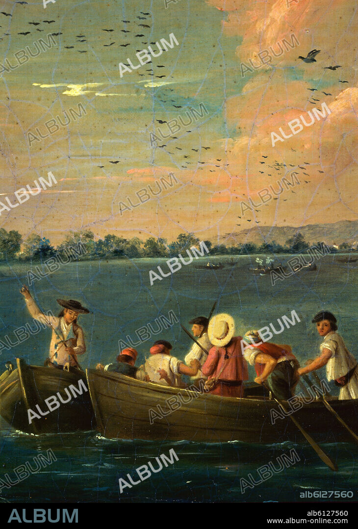 ANTONIO CARNICERO MANCIO (1748-1814). CAZA DE PATOS EN LA ALBUFERA-DETALLE-BARCA CON REMERO.