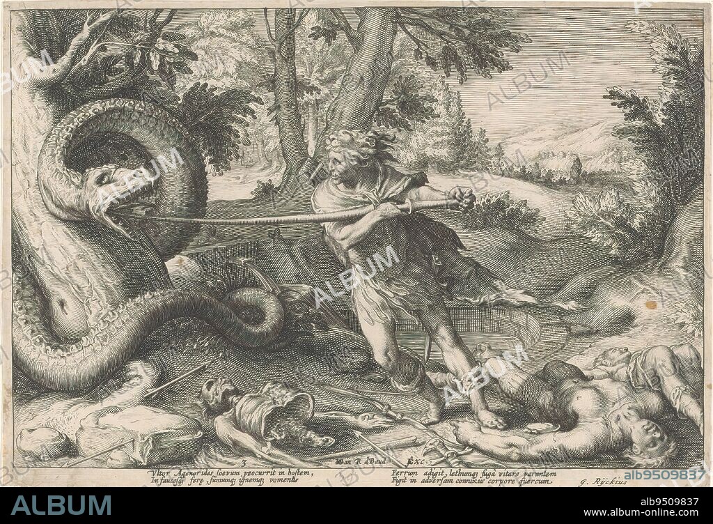 Cadmus slays the dragon, Metamorphoses of Ovid (series title), Cadmus, founder of Thebes, slays the dragon-like serpent that has just devoured his companions. In the lower margin a four-line commentary, in two columns, in Latin., print maker: Hendrick Goltzius, (workshop of), after design by: Hendrick Goltzius, (mentioned on object), G. Rijckius, (mentioned on object), print maker: Haarlem, after design by: Haarlem, publisher: Amsterdam, c. 1590 and/or 1615, paper, engraving, height 176 mm × width 256 mm.