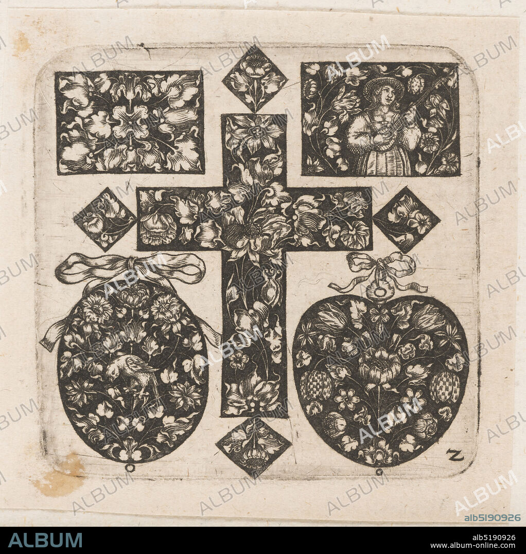 'Ornamental Design with Cross at Center,' Plate 2 from 'Goldsmith Ornament Designs', Heinrich Raab, German, active Nuremberg 1640 1650, Paul Furst, German, ca. 1605 1666, Engraving on off-white laid paper, Five separate white on black designs: two rectangles at top; below, two pendants, with an oval design at left, and a heart-shaped design at right, flanking a central cross (with diamond designs at the extremities). The upper left rectangle displays a floral motif, while the one at right depicts a woman playing a lute surrounded by flowers. Both pendants are ornamented with tulip and rose patterns, with bows above. The cross is decorated with flowers and vines., ca. 1648, ornament, Print, Print.