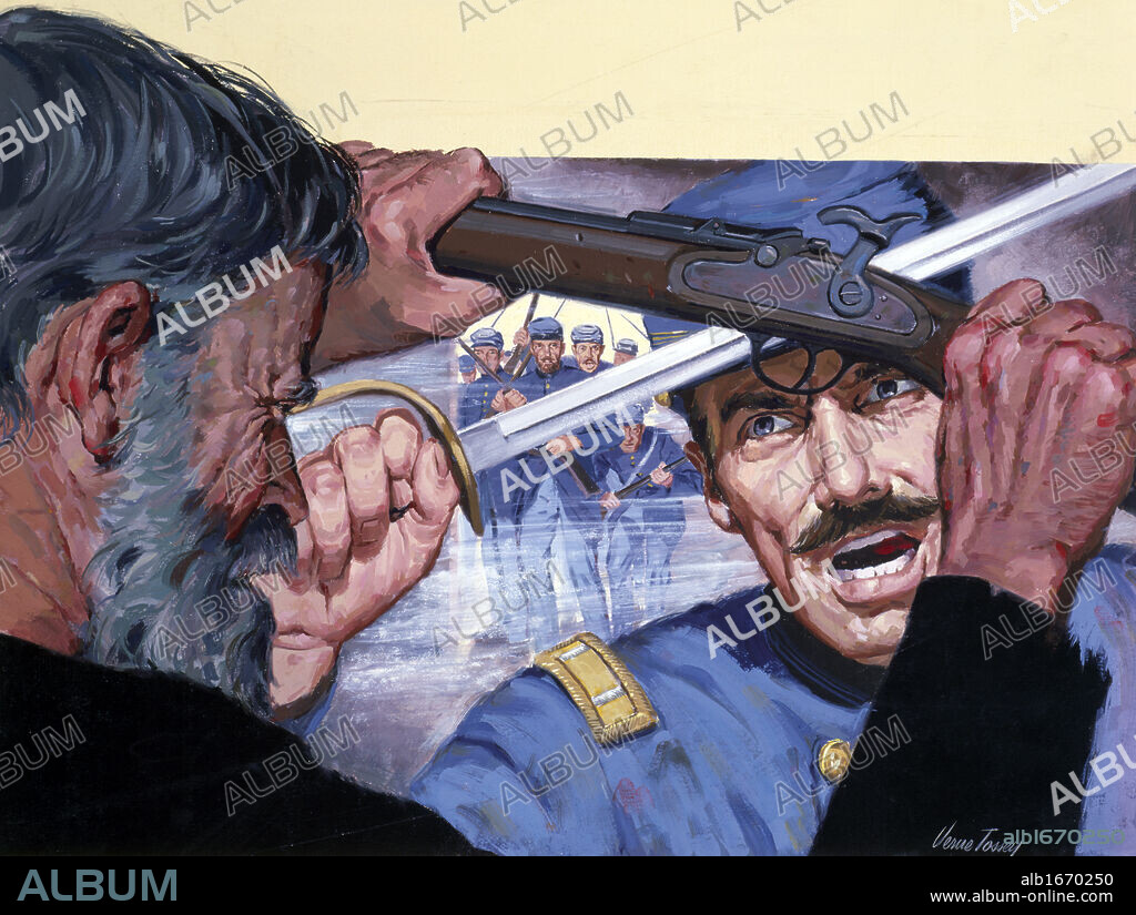 Painting of two men fighting.