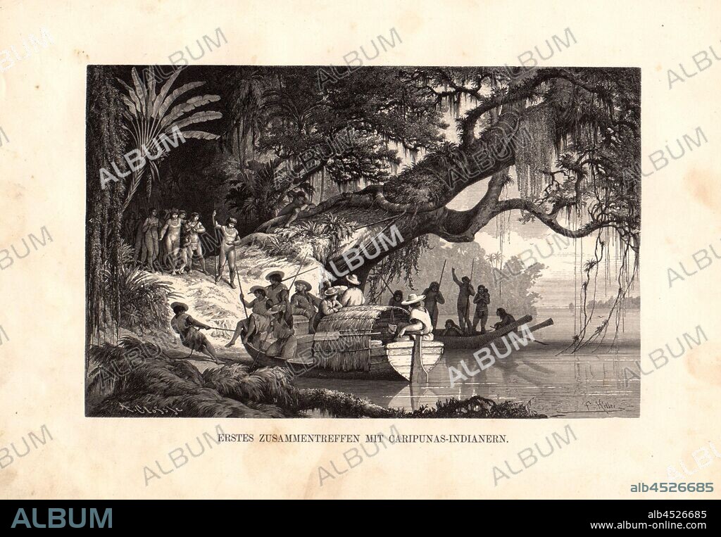 First meeting with Caripunas Indians, Jungle explorers meet Caripunas Indians, signed: A. Closs sc, F. Keller, Fig. 2, Keller-Leuzinger, Franz (ill.); Closs, Adolf (sc.), Vom Amazonas und Madeira; Skizzen und Beschreibungen aus dem Tagebuche einer Explorationsreise, Franz Keller-Leuzinger, Stuttgart 1874.