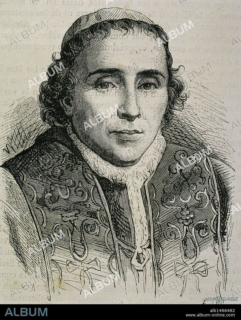 PIO VII (Cesena,1740-Roma,1829). Papa italiano, de nombre Gregorio Luigi Barnaba Chiaramonti. Elegido en 1800 en Valence, era cardenal (1786) y había sido obispo de Tívoli (1782) e Imola (1785). Firmó un contrato con Napoleón (1801) y le coronó emperador en París (1804). Restableció la Compañía de Jesús en toda la Iglesia (1814). Grabado.