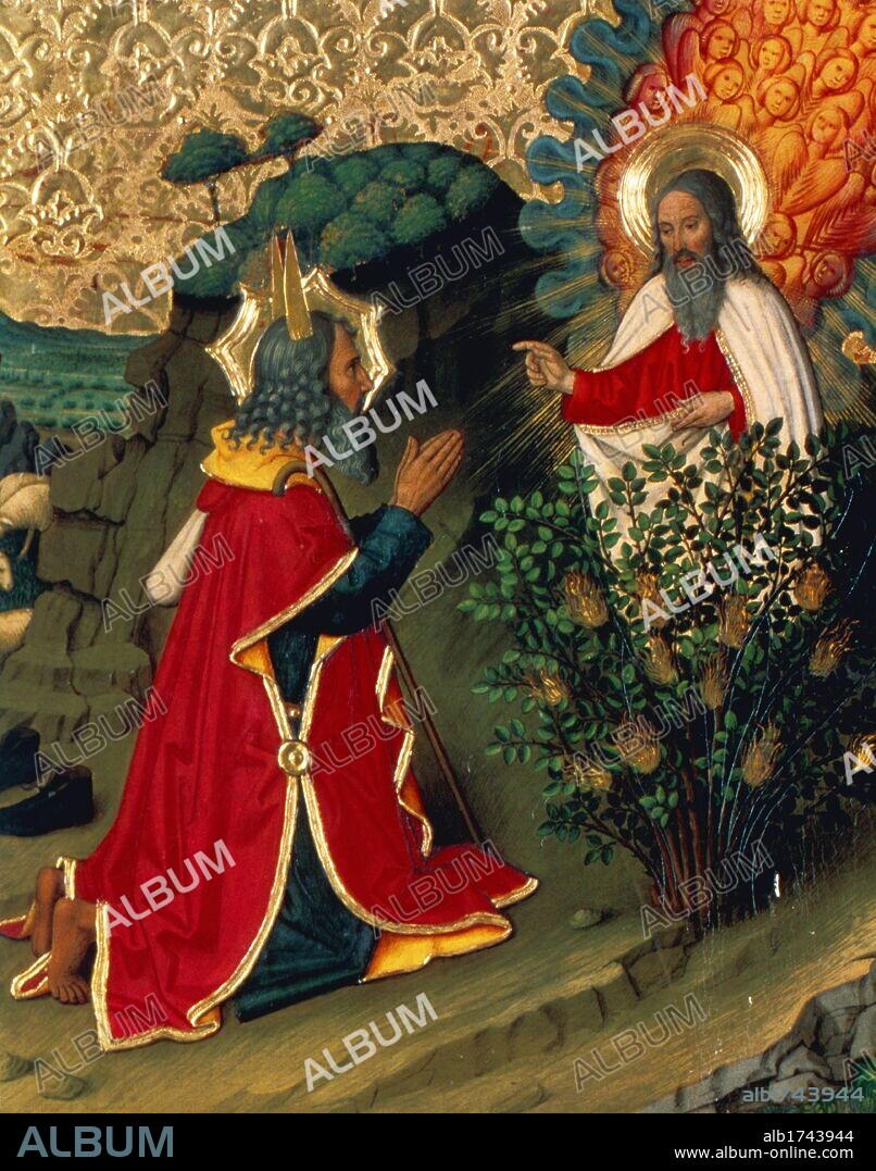 HISTORIA DEL ANTIGUO TESTAMENTO. "DIOS SE APARECE EN FORMA DE ZARZA ARDIENDO A MOISES". Detalle de una de las pinturas pertenecientes al RETABLO DE LA TRANSFIGURACION, realizado durante la segunda mitad del s. V por el taller de Jaume Huguet. Catedral de Tortosa. Provincia de Tarragona. Cataluña.