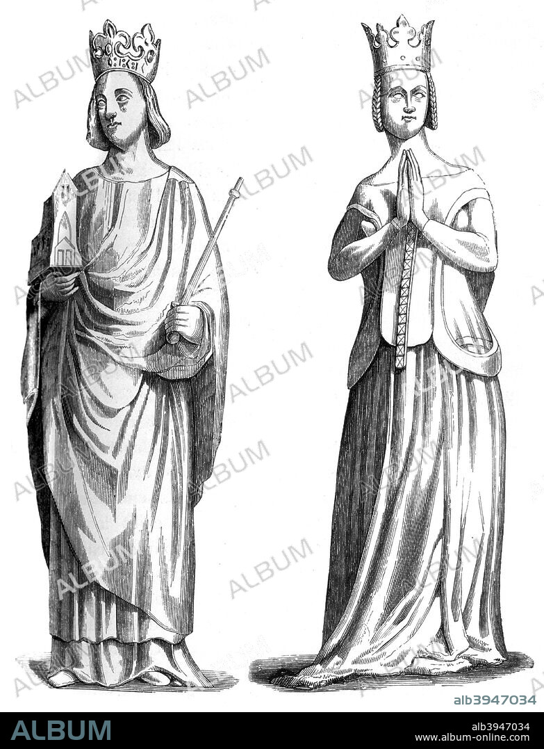 King Charles V of France (1337-1380) and Joanna of Bourbon (1338-1378), 1849. Originally after their statues at the Church of Célestins, Paris. Reproduced here from Le Moyen Age et la Renaissance, by Paul Lacroix, Ferdinand Séré and A Rivaud, Volume III (Paris, 1849).