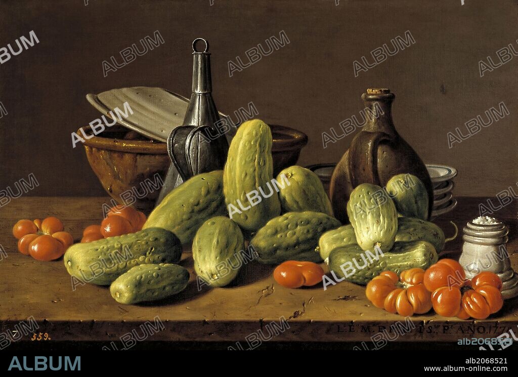 LUIS MELÉNDEZ. Luis Egidio Meléndez / 'Bodegón con pepinos, tomates y recipientes', 1774, Escuela Española, Óleo sobre Lienzo, 41,6 cm x 62,5 cm, P00930.