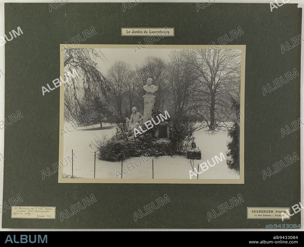 Winter view of the Luxembourg garden, monument to Ferdinand Fabre by Margneste, 6th district, Paris, Séeberger Frères, Photographer, In 1-1907, 20th century, Graphic Arts, Photography, Gelatin silver chromide print, Height: 28.3 cm, Width: 38.6 cm.