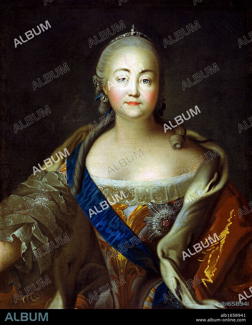 Portrait of Empress Elizabeth Petrovna'. Ivan Argunov (1727-c1829) Russian painter. Elizabeth (1709-1762) Empress of Russia from 1741, daughter of Peter the Great.   Half-length Frontal Female Gem Jewel Diamond Lace Royalty.