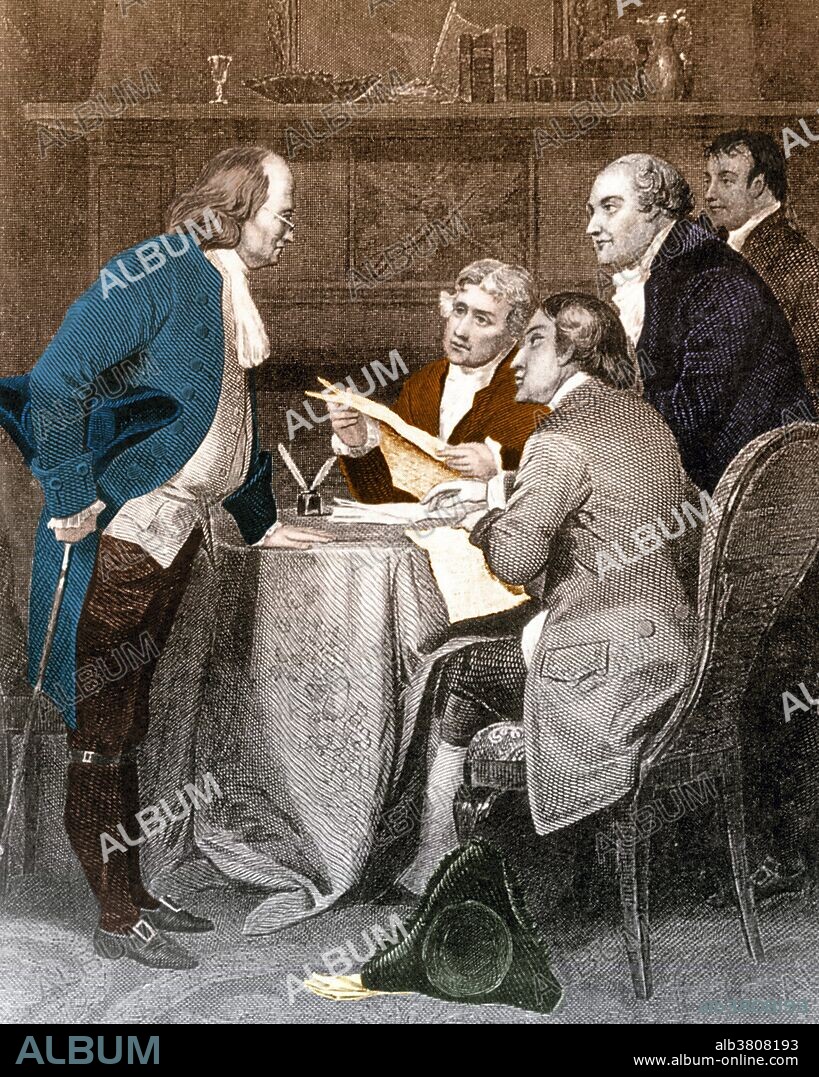 Meeting of the Declaration of Independence Committee. Pictured are Thomas Jefferson, Roger Sherman, Benjamin Franklin, Robert Livingston, and John Adams drafting the Declaration of Independence in June 1776.