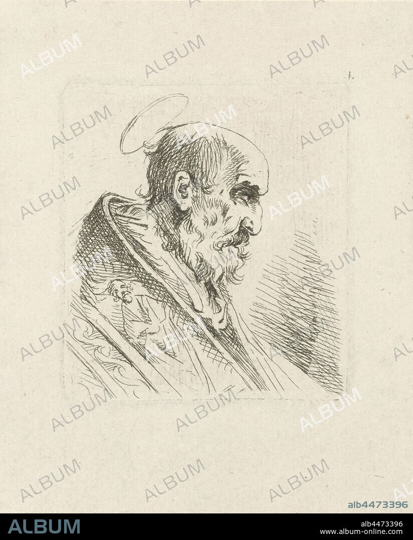 Portrait of Saint Peter, an aureole adorns his head. Portrait bust to the right, the face and profile, the apostle Peter, first bishop of Rome, possible attributes: book, cock, (upturned) cross, (triple) crozier, fish, key, scroll, ship, tiara - portrait of male saint, Johannes Pieter de Frey, 1780 - 1834, paper, etching, h 72 mm × w 69 mm.