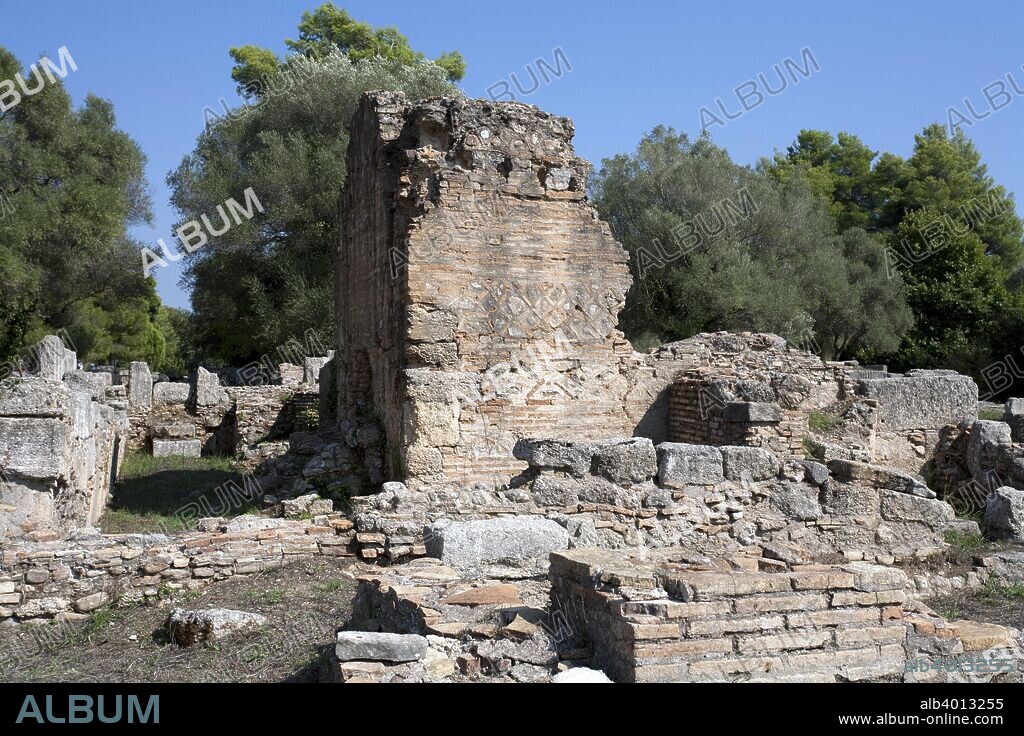 The east baths at Olympia, Greece. These baths were built in the 5th century BC and modified in later periods. Olympia, a sanctuary of ancient Greece, is probably best known for having been the site of the Olympic Games in classical times.