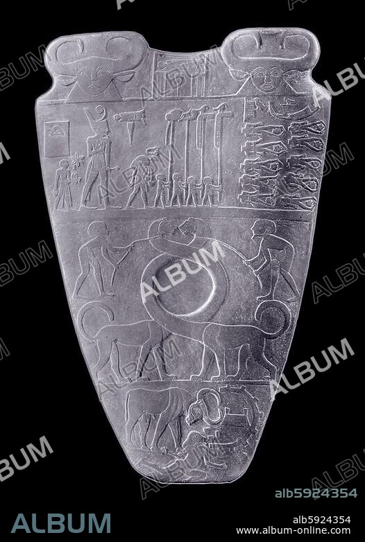 The obverse of the Narmer Palette which commemorates the victories of King Narmer identified as King Menes, the unifier of Upper and Lower Egypt. Country of Origin: Egypt. Culture: Ancient Egyptian. Date / Period: 1st dynasty, c. 3100-2890 BC. Place of Origin (..).