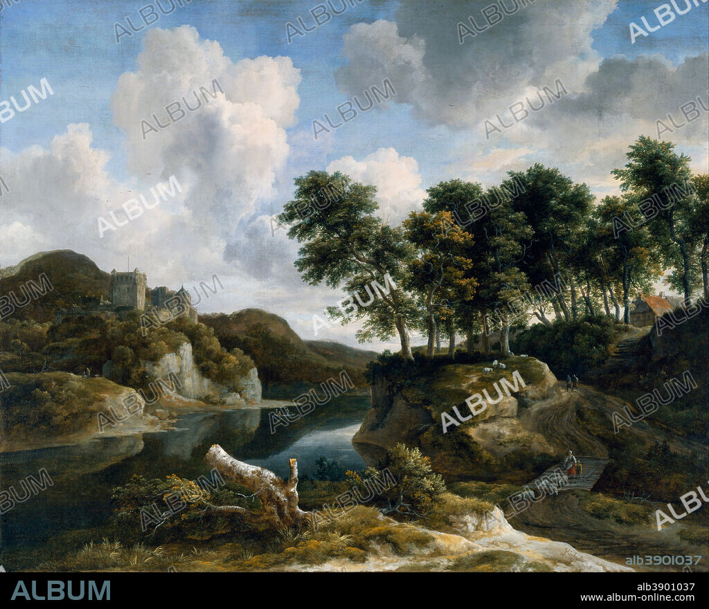 JACOB VAN RUISDAEL. River Landscape with a Castle on a High Cliff. Date/Period: 1670/1679. Painting. Oil on canvas. Width: 125.6 cm. Height: 101.1 cm.