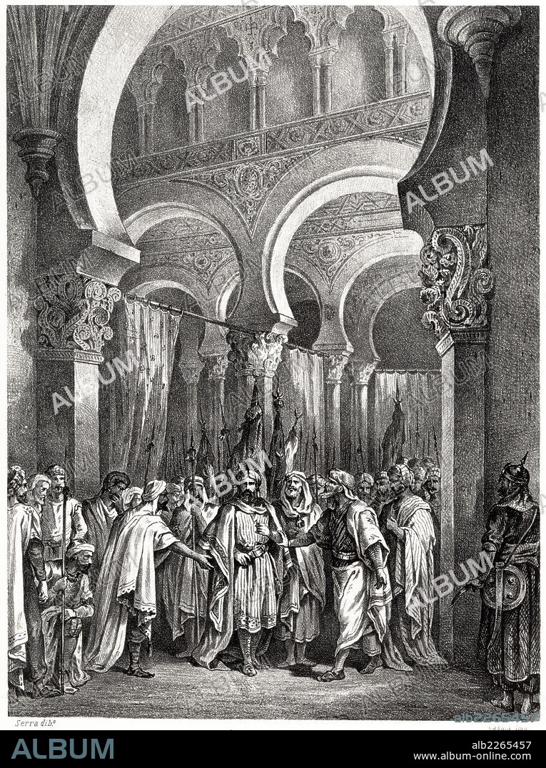 Historia de España. Abderraman I elige por sucesor a su hijo Hixem o Hisham I en el año 788. Grabado de 1872.