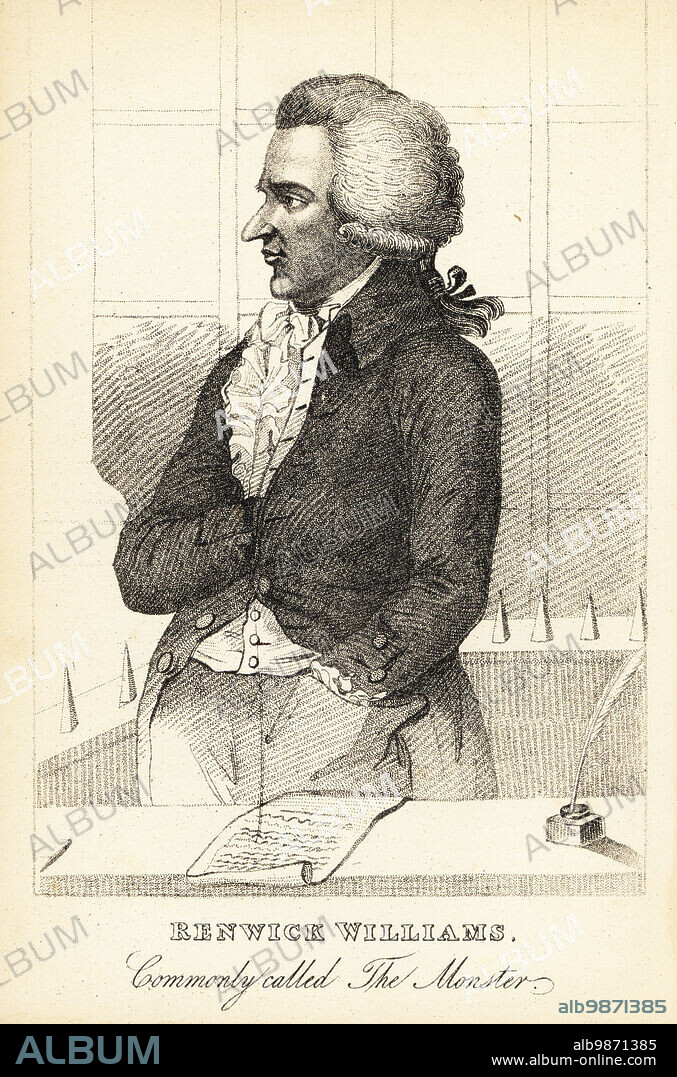 Rhynwick Williams, a young London florist convicted of stabbing women as the London Monster, 1790. Renwick Williams, commonly called The Monster. Depicted at his trial in the dock at the Old Bailey. Lithograph after a stipple engraving by Robert Cooper from Henry Wilson and James Caulfields Book of Wonderful Characters, Memoirs and Anecdotes, of Remarkable and Eccentric Persons in all ages and countries, John Camden Hotten, Piccadilly, London, 1869.