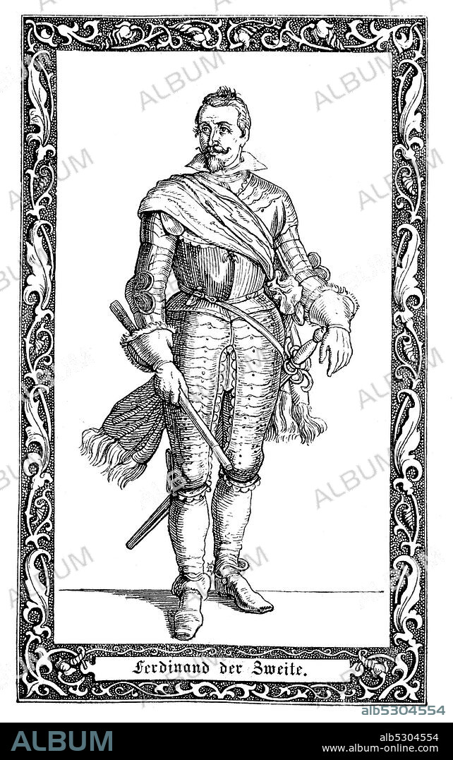 Ferdinand II., member of the House of Habsburg, was Holy Roman Emperor, King of Bohemia, and King of Hungary. Ferdinand II., 1578-1637, von 1619 bis zu seinem Tode Kaiser des Heiligen Römischen Reiches, Digital improved reproduction of an illustration from the 19th century.