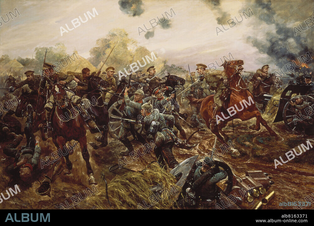 Woodville, Richard Caton; 1856-1927. "The First VC of the European War, 1914. Captain Francis Grenfell, 9th Lancers at Audregnies, 24 August 1914" (Das erste VC [Victoria Cross] des Europäischen Krieges, 1914. Kapitän Francis Grenfell, 9. Lancers in Audregnies, 24. August 1914), 1914. Öl auf Leinwand. London, National Army Museum.