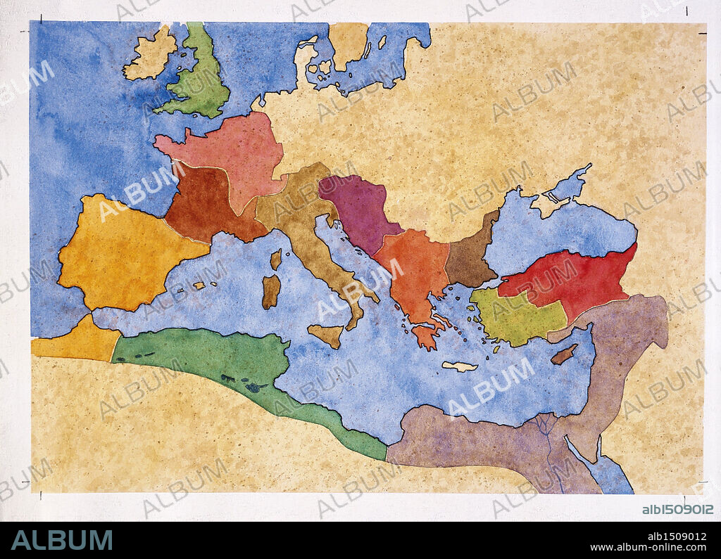 Ancient Rome. Map of Roman empire under Emperor Diocletian rule (AD 284-305). Color illustration.
