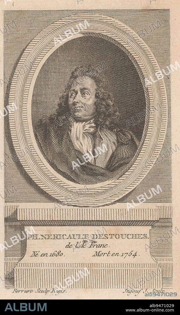 Portrait of Philippe Néricault Destouches, François Robert Ingouf, after Pierre François Berruer, 1778 - 1787, print maker: François Robert Ingouf, (mentioned on object), Pierre François Berruer, (mentioned on object), publisher: Nicolas-Augustin Delalain, print maker: France, publisher: Paris, 1778 - 1787, paper, engraving, etching, h 143 mm - w 79 mm.