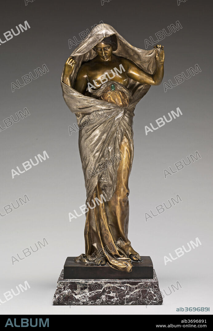 LOUIS-ERNEST BARRIAS. Nature Unveiling Herself before Science. Dated: model 1895/1899, cast c. 1900. Dimensions: height without base: 57.2 cm (22 1/2 in.). Medium: bronze with silvering and malachite.
