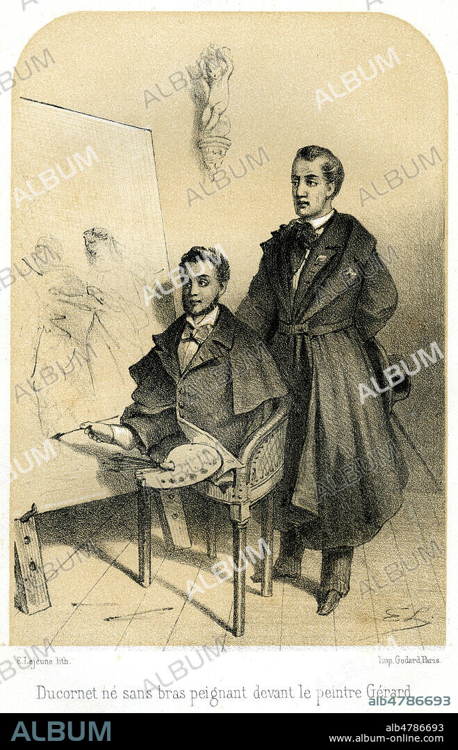 Louis Joseph Cesar DUCORNET (1806-1856), ne sans bras, peignant devant le peintre Francois GERARD (1770-1837). Illustration vers 1858 par Eugene LEJEUNE (1818-1894) pour La morale en action nouveau choix de bons exemples. Credit : Collection Jonas/Kharbine-Tapabor.