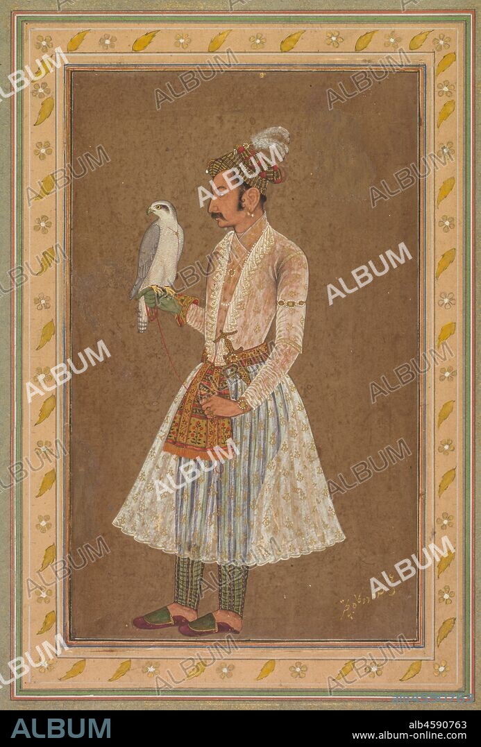 Portrait of Raja Jagat Singh of Nurpur (reigned 1618-46), probably 1619. Jagat Singh was a prince from a small kingdom in the western Himalayan foothills who grew up at the imperial Mughal court of Jahangir and his queen Nur Jahan. He was given the title of prince in 1619, and this painting may commemorate that event. Very few nobles from the hill states had positions at the Mughal court at this time, so his portrait is a rare imperial Mughal painting.  The emperor and his favorite wife frequently visited Nurpur, named "City of Light" in their honor, to hunt and relax, and Prince Jagat Singh was a favorite of the queen. She interceded on his behalf in 1624, when he joined a rebellion to dethrone her husband.