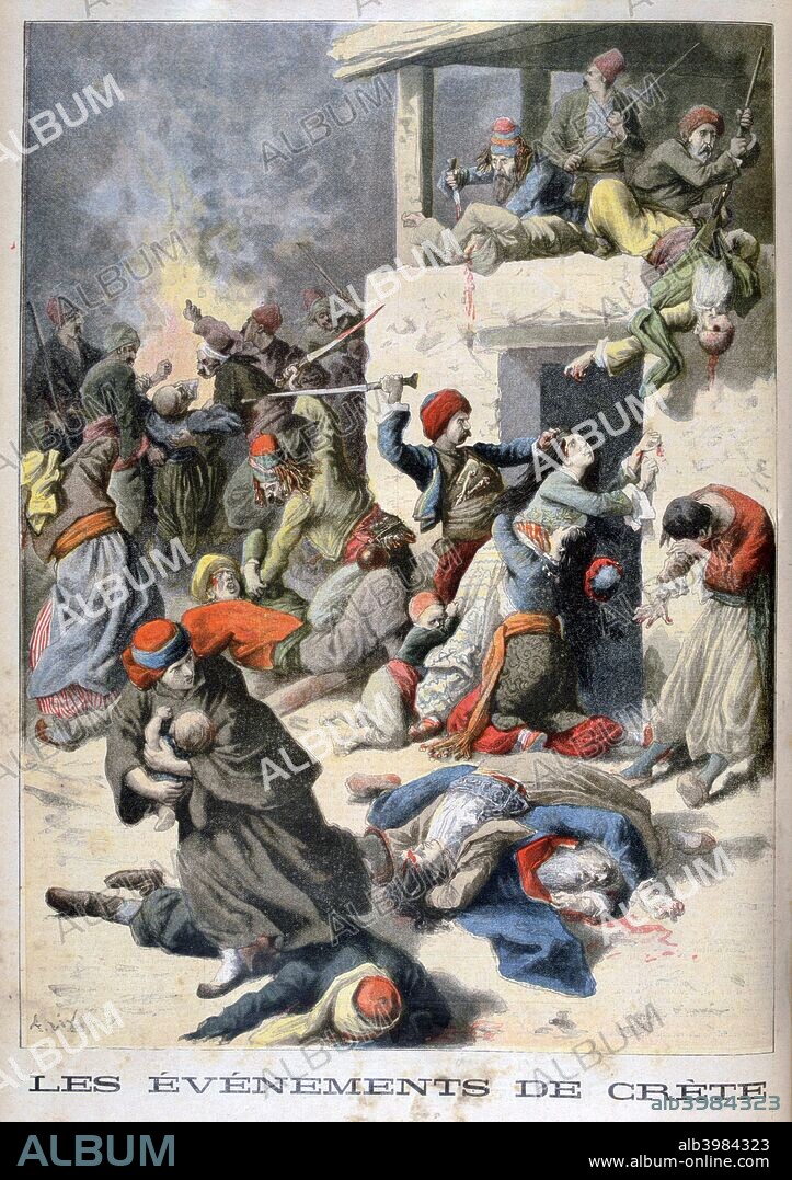 Events in Crete, 1896. An insurrection in Crete led to large-scale violence between Muslims and Christians, a proclamation by the rebels of union with Greece, and the invasion of the island by a Greek force. The uprising led to the outbreak of the Greco-Turkish War (also known as the Thirty Days' War). An illustration from Le Petit Journal, 1896.