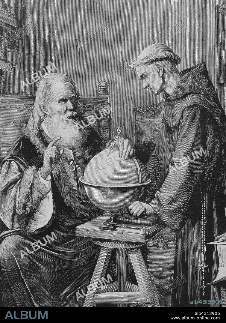 Galileo Galilei (1564-1642). Astronómo, filósofo, ingeniero, matemático y físico italiano. Perfeccionó el telescopio y creó la primera ley del movimiento. Galileo en la Universidad de Padua demostrando las nuevas teorías astronómicas. Grabado a partir del cuadro de 1873 del artista mexicano Félix Parra (1845-1919). Detalle. La Ilustración Española y Americana, 1884.