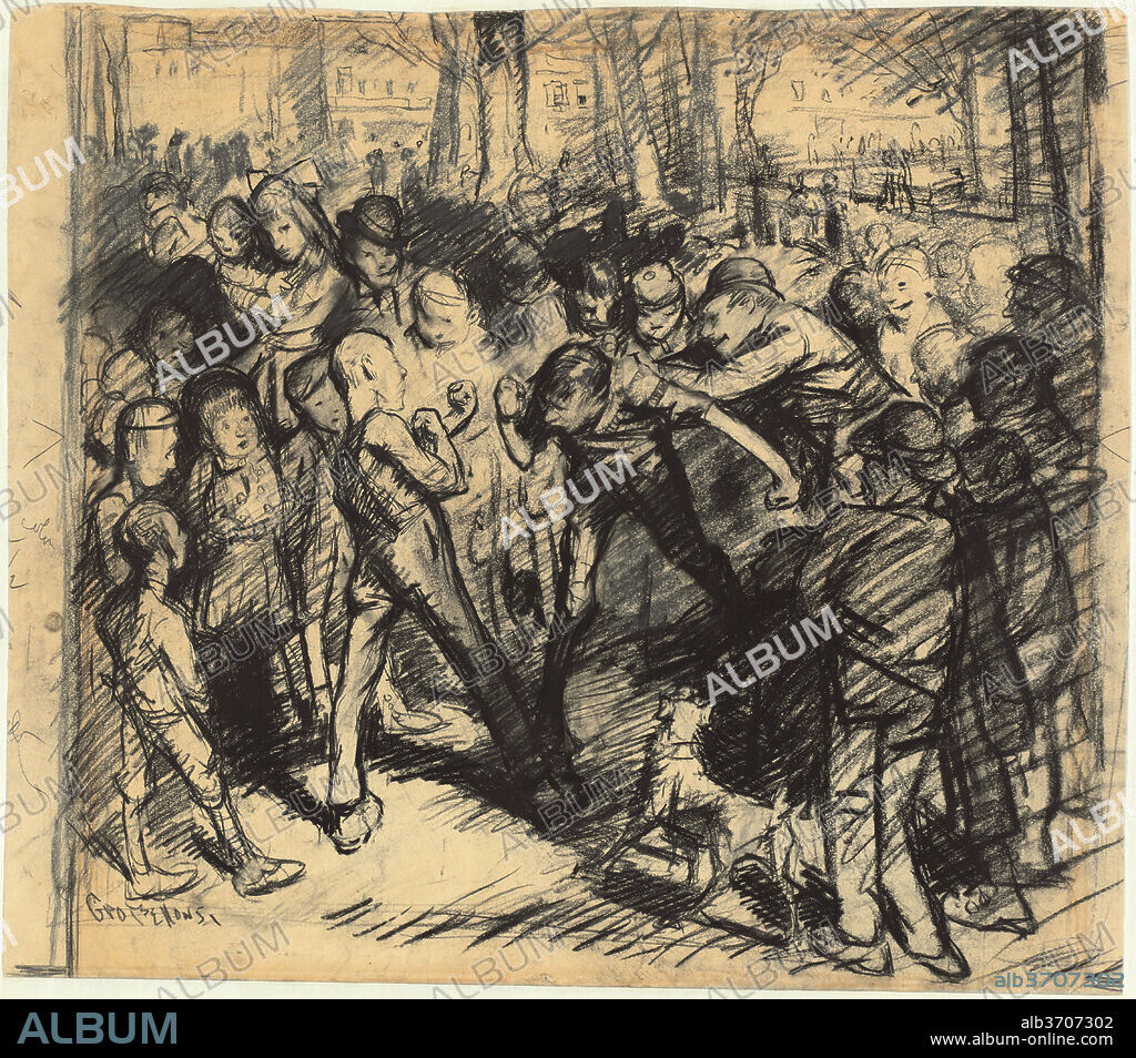 GEORGE BELLOWS. Street Fight [recto]. Dated: 1907. Dimensions: image: 54.61 × 61.91 cm (21 1/2 × 24 3/8 in.)  framed: 73 x 82.5 x 4.5 cm (28 3/4 x 32 1/2 x 1 3/4 in.). Medium: conté crayon, pastel, graphite, and brush and black ink on wove paper.
