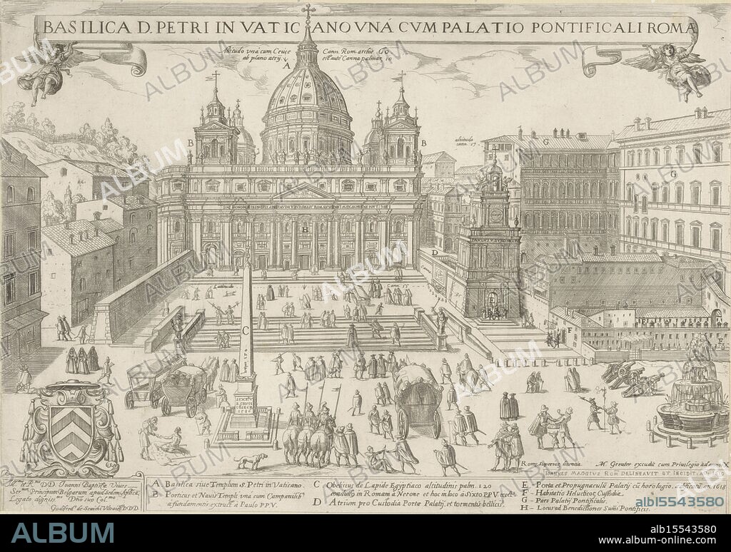 Rome, Greuter, Matthäus, unknown, Vatican City, Papal court, Maggi, Giovanni, Basilica D. Petri in Vaticano una cum Palatio Pontificali Roma, View of St. Peter's Basilica and the Apostolic Palace in Vatican City, verso - stamped, View of St. Peter's Basilica and the Apostolic Palace in Vatican City. Soldiers, clergy and tourists on the square in front of the church. Explanatory list with numbers in the lower margin. Title on a banderole carried by angels., print, prints, height 351 mm, width 498 mm, Italian, 1566 - 1618, print maker, printmaker, 1619 - 1619, paper, etching, etchings, Work conception, after own design of, granter of privilege, Publication (Event), Publication, 1564 - 1638-08-22, publisher.