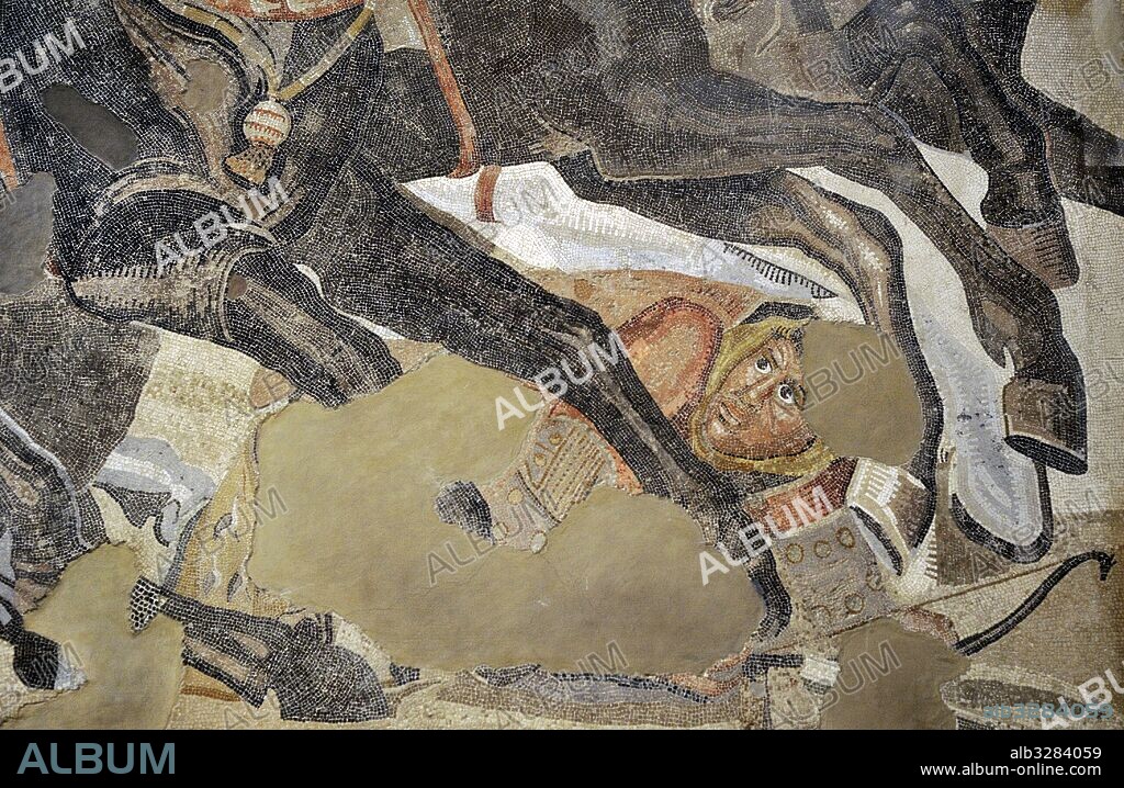 Alexander Mosaic. Battle of Issus (333 B.C.). Battle between Alexander the Great and the Achaemenid Empire, Darius III. Mosaic. Pompei, Casa del Fauno (VI, 12, 2). 2nd century AD. Detail. Persian soldier. National Archaeological Museum, Naples. Italy.